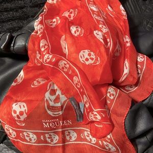 Alexander McQueen Red Silk Skull print scarf.